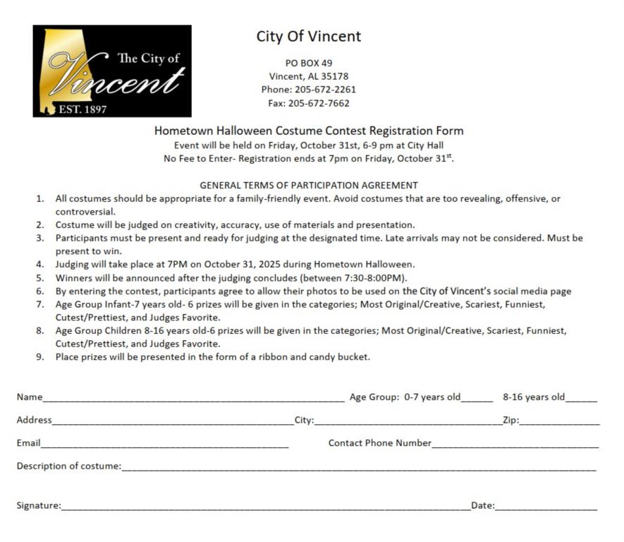 Hometown Halloween Costume Contest Registration Form